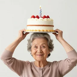 grandma is wearing a birthday cake on her head in place of her hat