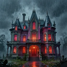 digital illustration of a horror mansion in heavy rain, very detailed, 4 k, 8 k, sharp focus, surrealism, art deco, vibrant color scheme, cinematic, cgsociety, trending on artstation, deviantart, by beeple