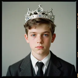 kodak portra 4 0 0, 8 k, highly detailed, britt marling style 3 / 4 photographic close, medium format, press award winning portrait of a handsome boy with a silver crown, up face with 1 7 5 0 s hairstyle, 1 7 5 0 s clothing style, asymmetrical, hasselblad x 1 d - 5 0 c, 1 0 0 mm f 1. 8, soft light
