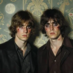 two handsome but sinister young men in layers of fear, with haunted eyes and wild hair, 1 9 7 0 s, seventies, wallpaper, a little blood, moonlight showing injuries, delicate embellishments, painterly, offset printing technique, by john howe, brom, robert henri, walter popp
