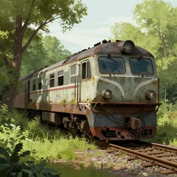 an abandoned train overgrown with trees and vegetation, painting, digital art, digital illustration, artstationhd
