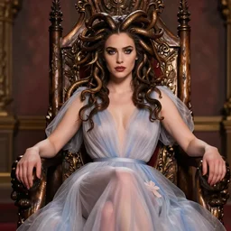 beautiful Medusa with Simone Ashley's face, wearing organza gown, in a throne room, fashion photography