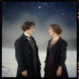 kodak portra 4 0 0, wetplate, muted colours, blueberry, 1 9 1 0 s style, motion blur, portrait photo of a backdrop, sparkling, stargazer, snow, fog, by georges melies and by britt marling