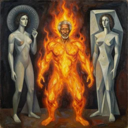 morgan freeman as anthropomorphic god of fire, surreal by dan mumford and umberto boccioni, oil on canvas