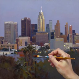 palette knife oil painting of downtown los angeles at dusk