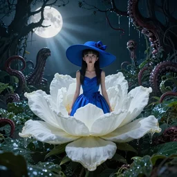 big white flower, scared japanese school girl looks at top, weared in blue cocktail dress and big blue women hat, on arkham horror background at night, evil fluid, lush plants, insane, giant tentacles, lovecraft, full bloody moon, light rays, gnarly trees by tom bagshaw, mucha, gaston bussiere, craig mullins, j. c. leyendecker 8 k