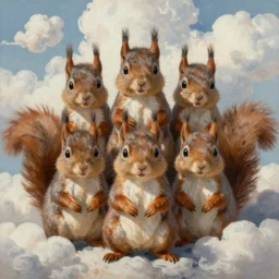 ultra realist soft painting of an army of squirrels, symmetry accurate features, very intricate details, volumetric clouds, kawai world