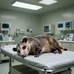 anthropomorphic opossum laying dead on a coroner's table in a morgue, bright florescent lighting, scientific and medical equipment in the background, movie still, 4k