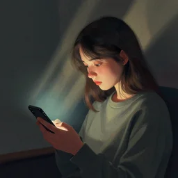 editorial illustration by karolis strautniekas and mads berg, portrait of the lonely girl and her iphone, colorful, fine texture, detailed, muted colors, film noir, dramatic lighting, dynamic composition, vivid, matte print, wide angle, ( ( sunbeams ) ), moody, extreme perspective