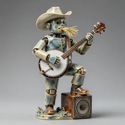 glazed ceramic sculpture of a country bumpkin robot playing a banjo, straw in his mouth, standing on a speaker, fantasy, mystical, high detail, cyberpunk, style of michael cheval, hyper realistic, s, 8 k