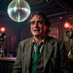 crying old unkempt drunkard ( ( ( ( ( ( joaquin phoenix ) ) ) ) ) ) with sideburns worn in the old grey jacket with emerald tie on the scene in steampunk bar, movie with the cinematography of christopher doyle, neon lighting reflectied from a discoball, anamorphic lens, optical flares, award - winning photo, kodakchrome, masterpiece, 8 k