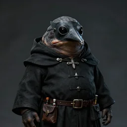 a portrait, a chubby amphibious humanoid wearing a pointy bird style black plague doctor mask, short in stature, wearing black medieval robes, medical doctor, small vials and pouches attached to belt, pointy mask, zoidberg, style by donato giancola, wayne reynolds, jeff easley dramatic light, high detail, cinematic lighting, artstation, dungeons and dragons