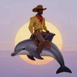 a beautiful painting of a regal african cowboy, riding a dolphin on land in front of a pale lavender sunrise, dawn, predawn, golden light, art deco!, art nouveau, silhouette, no crop, smooth, sharp focus, fine lines