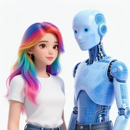anthropomorphic female with rainbow hair accompanying artificial intelligence boyfriend blueprint