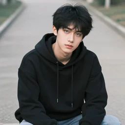 handsome young man with short black hair, light blue eyes, pale skin, black hoodie, jeans, half body shot, path traced, highly detailed, high quality, digital painting, alena aenami, lilia alvarado, shinji aramaki, karol bak, alphonse mucha, tom bagshaw