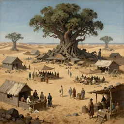 renaissance painting of a dystopian desert marketplace, old american midwest, ruins, encroaching sands, giant twisted trees, by ruan jia, by conrad roset, by yoshitaka amano, cgsociety, artstation, portfolio quality.