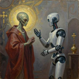 a robot missionary trying to convert an alien to christanity, oil on canvas