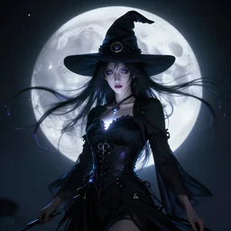 portrait of moon witch, beautiful, attractive, glowing, jaw dropping, magical, dynamic lighting, dark, menacing, 4 k, octane render, age 2 0, background moon, anime