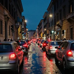 street in rome at night, cars waiting for traffic light, high buildings, architecture, red taillights, puddles, reflections, pedestrians, color grading, film grain, ektachrome, casey baugh, jeremy mann