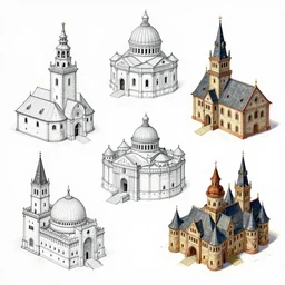 handmade stunning small different medieval buildings on white background by greg rutkowsky, concept art, isometric perspective, line art, artistic pen, oil on canvas by kilian eng and by jake parker, winning - award masterpiece, the banner saga, fantastic, octane render, 8 k hd resolution, high quality image