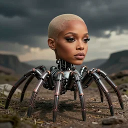 photo of bald jada pinkett's head on a mechanical spider body