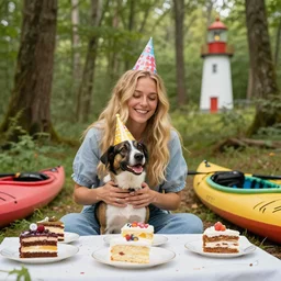 blonde thirty years old balthazar and his dog okko with birthday hats, celebrating a birthday party in a forest, with cakes slices and kayaks, with a lighthouse in the background photorealistic, higly detailed