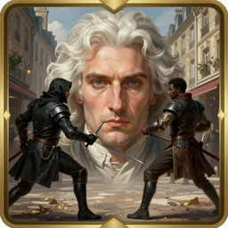 a french gentleman with white hair with a rapier in a duel with a rogue blackman in the streets of a fantasy paris in french revolution, symmetric face, hyperrealism, epic fantasy digital art, fantasy style art, by Greg Rutkowski, fantasy hearthstone card art style