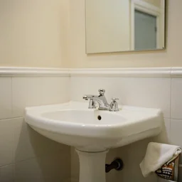 a 1960s bathroom cinematic shot