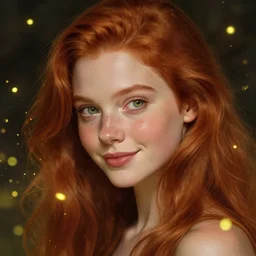 a highly detailed, hyper realistic, red haired young woman, among golden fireflies, with long hair, green eyes, hint of freckles, round gentle face, tilted head, cheeky smile, deep focus, elegant, digital painting, smooth, sharp focus, golden ratio, illustration, ultra realistic, 8 k, art by artgerm and caravaggio