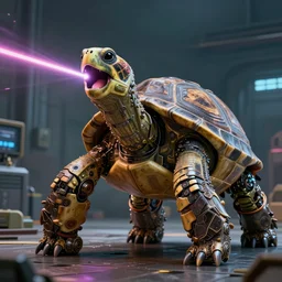 a giant turtle robot shooing lasers from its mouth, photo realistic, highly detailed 8 k cinematic.