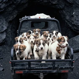 group of puppies riding mantrip into coal mine, photo from 1 9 9 8,