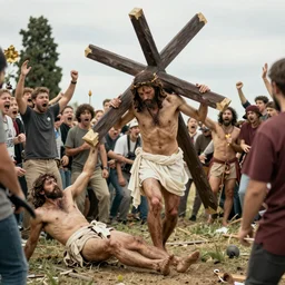 Jesus walking via dolorossa with heavy cross pushing him to the ground and crowd yelling at him,