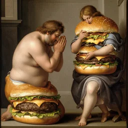 a fat man praying to the cheeseburger god, renaissance