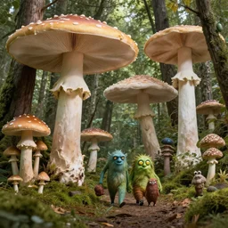 a forest of giant mushrooms, different weird creatures are walking among the mushrooms, detailed professional photo