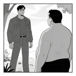 a fat guy facing a mysterious man in a clearing, storyboard panel by syd mead, grayscale pantone, wide shot, night time, moonlight