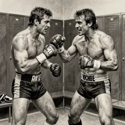 jacques rougeau fighting the dynamite kid in a locker room, wwf, locker room, missing teeth, high detail, breath taking, drawn by steve mcniven