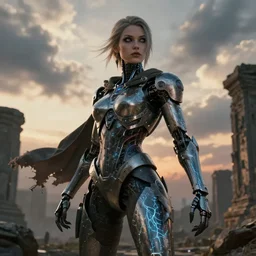 portrait of a diabolical beautiful female cyborg girl, torn cape, adaptive armor, dynamic pose, heavy eyes to the side, ancient ruins, glowing veins subsurface scattering, in clouds, sunset, portrait, by gerald brom, by mikhail vrubel, by peter elson, muted colors, extreme detail, reflections, trending on artstation, 8 k