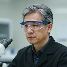 A scientist wearing a black lab coat with grey and black hair and saftey goggles on his head