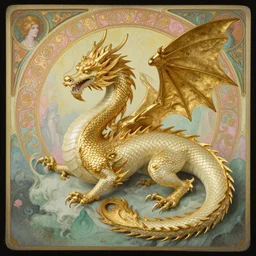 golden and ivory dragon, daguerreotype by edward hopper, by henri rousseau, by Bosch, by Pontormo, art noveau, highly detailed, strong lights, liminal, eerie, Bright pastel colors, octane render, 8k