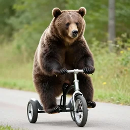 a brown bear riding a tricycle
