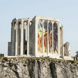 Ruins of a modern cathedral on the edge of a cliff, flying buttresses, stunning painting by Charles Sheeler