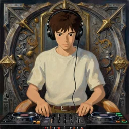portrait of a teen adam brody as a dj with headphones playing music console, jodhpurs greg manchess painting by sargent and leyendecker, studio ghibli fantasy close - up shot symmetrical intricate elegant matte painting illustration hearthstone, by greg rutkowski by greg tocchini by james gilleard,