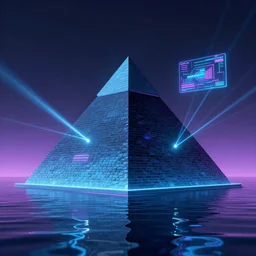 synthwave, retrowave, vaporwave picture of a pyramid in the water, lasers, a hologram by mor than, contest winner, computer art, 8 0 s nostalgia, geometry, shapes