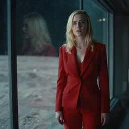 a still from bladerunner 2 0 4 9 of elle fanning looking anxiously into the camera wearing a tailored red suit standing next to a plate glass window. outside we see the surface of the moon. sci fi, futuristic, cinematic, soft lighting, sci fi, bladerunner, canon eos r 3, f / 3, iso 2 0 0, 1 / 1 6 0 s, 8 k, raw, unedited