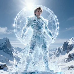photography of a digital art, stunning glare and bloom crystal clear ice statue of tom holland as a viking warrior god. stuning, intricate, complexe. snowy mountains dream landscape. professional digital art, unreal engine 5