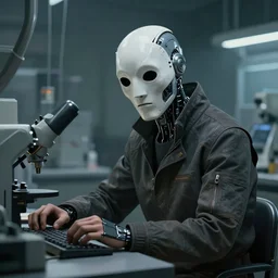 A portrait of an operator working the laboratory, dystopian sci-fi character,  character art, mask, concept art, cinematic composition, hyper detailed, matte painting, cyborg, Greg Rutkowski, Cedric Peyravernay, Anato Finnstark, artstation, 8k