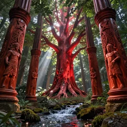 In some of the column carved with Norse gods there is a huge glowing redwood, light filtering through the gaps in the leaves, Sparkling in the flowing creek, Tyndall effect, hone finished, concept art, fantasy, unreal engine, octane render, cinematic shot, 8K, hyper detailed, crepuscular ray, low angle, superwide shot, lunapunk