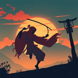 digital art of dancing ninja sunset in the style of jake parker, in the style of conrad roset