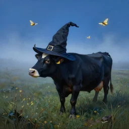 a detailed matte landscape painting of a cow standing in a grassy field wearing a witch hat, cow wearing hat!!!! viewed in profile, fog and flying glowing moths in the background, ultrawide lens, aerial photography, black and blue color scheme with gold highlights, art by paul kidby in a silly and cartoony art style, 8 k, octane render