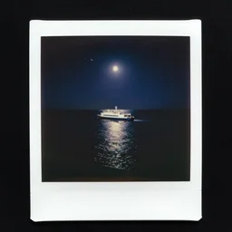 birds eye view, looking down from above, vivid haunted VHS glitch polaroid of a distant, celestial ferry!!! sailing through deep blackness. black bay, back ocean, stars, strange perspective, depths, Ethereal lighting. Nighttime setting with the moon reflecting off the water
